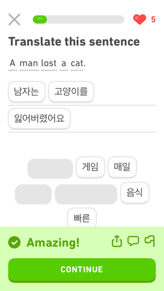 screenshot of DuoLingo that says “A Man Lost A Cat”