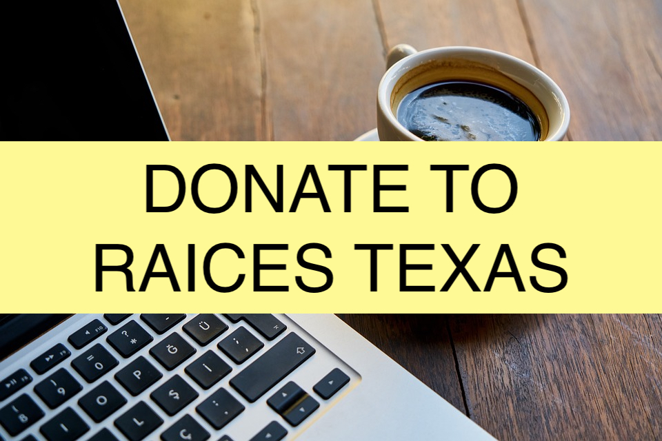 A yellow banner that says 'Donate to RAICES Texas' over a picture of a laptop on a wood table next to a cup of dark espresso