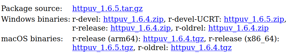image of the available downloads for the {httpuv} package showing half of the binary versions at 1.6.5 and the other half at 1.6.4