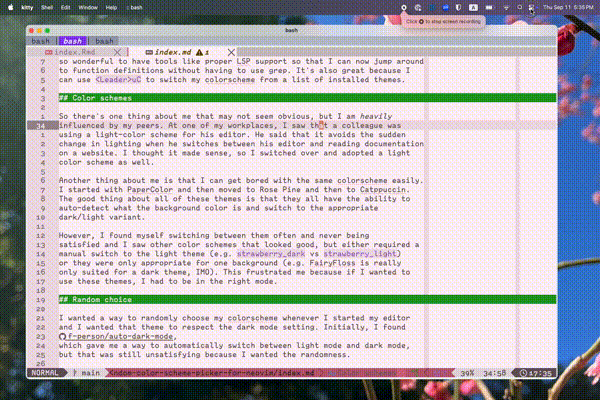 Animated gif of a teminal window on a mac with the color scheme rotating when I switch between dark and light mode
